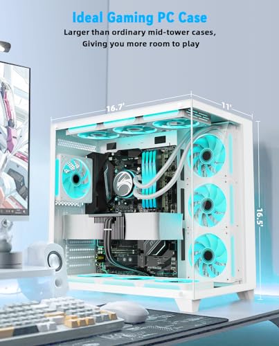 SZD ATX PC case, S590 no Fan Included White Gaming Computer Chassis with 270° Full View Seamless Tempered Glass, High-Airflow Dual-Chamber Computer Tower Case for Cable Management
