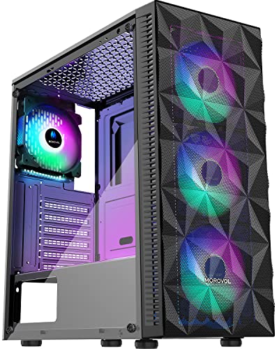 MOROVOL PC Case Pre-Install 4 RGB Fans, ATX Gaming Computer Case with Diamond-Shaped Mesh Front & Tempered Glass Side Panel, USB 3.0 Airflow Mid Tower case,621