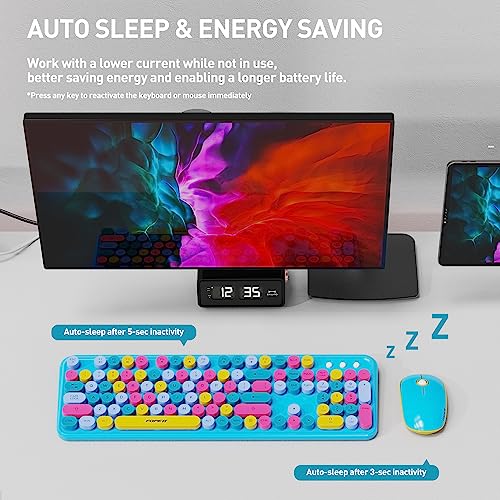FOPETT 2.4GHz Wireless Keyboard and Mouse Set with Switch Button - Full-Size Keyboard - Compatible for Windows/Laptop/PC/Notebook/Smart TV and More - Blue Colorful