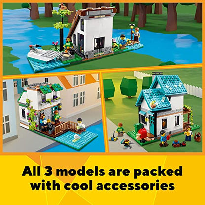 LEGO Creator 3 in 1 Cozy House Building Kit, Rebuild into 3 Different Houses, Includes Family Minifigures and Accessories, DIY Building Toy Ideas for Outdoor Play for Kids, Boys and Girls, 31139