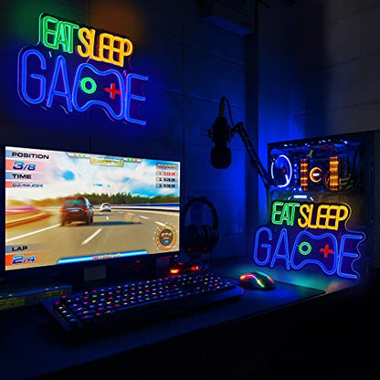 Game Neon Sign, EAT SLEEP GAME Wall Decor Glow at Night Neon Light for Gamer Boy Game Room Decor Bedroom Wall Gaming Wall Decoration (Blue)