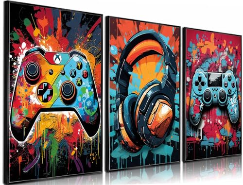 3Pcs Cool Gaming Wall Art Retro Video Game watercolor Posters Pictures Colorful Neon Gamepad Canvas Painting Prints for Boys Room Kids Game Room Bedroom for Boys Home Decoration 12x16in Unframed