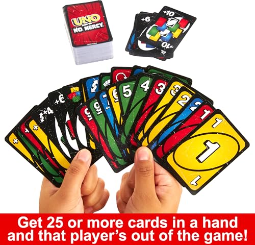 Mattel Games UNO Show ‘em No Mercy Card Game for Kids, Adults & Family Parties and Travel with Extra Cards, Special Rules and Tougher Penalties