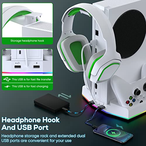 Upgraded Cooling Fan Stand for Xbox Series S with Charger Station, MENEEA Controller Charging Dock & Console Cooler System with 15 Colorful RGB Light & Headset Hook, Accessories for XSS - amzGamess