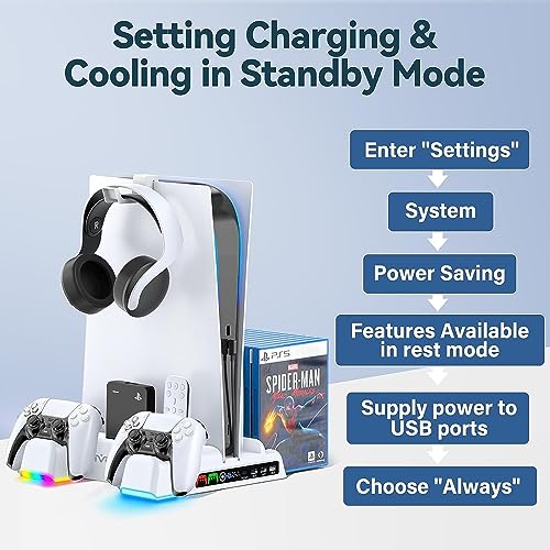 PS5 / PS5 Slim Stand and Cooling Station with RGB LED Controller Charging Station for Playstation 5 Console, PS5 Controller Charger, PS5 / PS5 Slim Accessories with 3 Level Cooling Fan - amzGamess