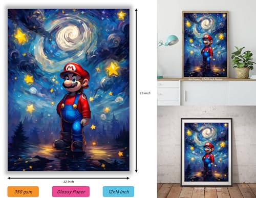 Akyzag Design, Mario Wall Art Poster – ( 12 x 16 inch ) Unframed - Van Gogh Starry Night Style Gaming Poster, Posters for Gamer Room, Boys Room Decor, Gamer Room Decor Wall Art, Mario Room Decor for - amzGamess