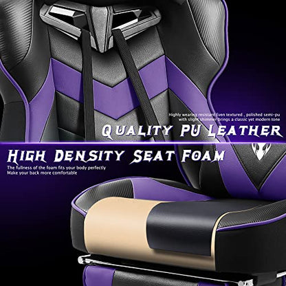 Zeanus Purple Reclining Gaming Chair with Footrest - Ergonomic for Heavy People, Massage, Racing Style