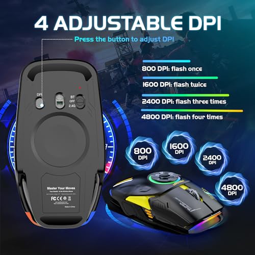 Schkner RGB Wireless Gaming Mouse with 4 Adjustable DPI to 4800, Bluetooth and 2.4G Rechargeable Wireless Mouse with Side Buttons, Ergonomic Gamer Mice for PC, Laptop, Mac, Computer