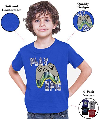 BROOKLYN VERTICAL Boys 4-Pack Short Sleeve Crew Neck T-Shirt with Chest Print | Gaming, Play, Video Gamer Prints for Sizes 6-20 Grey - amzGamess