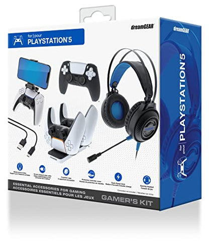 dreamGEAR Gamers Kit for Playstation 5: Gaming Headset with 50mm Drivers, PS5 Controller Charger, Adjustable Phone Mount, USB-C Cable, Protective Cover and Caps - amzGamess