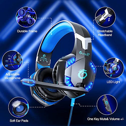 VersionTECH. G2000 Gaming Headset for PS5 PS4 Xbox One Controller,Bass Surround Noise Cancelling Mic, Over Ear Headphones with LED Lights for Mac Laptop Xbox Series X S Nintendo Switch NES PC Games - amzGamess