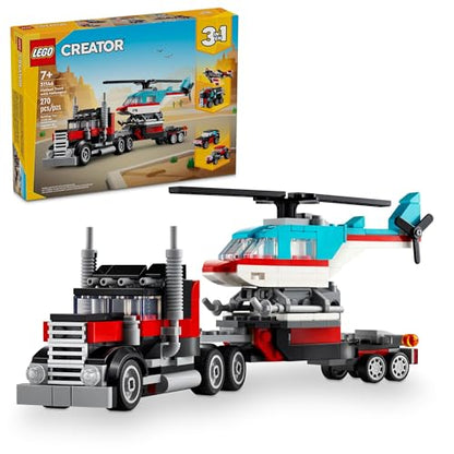 LEGO Creator 3 in 1 Flatbed Truck with Helicopter Toy, Transforms from Flatbed Truck Toy to Propeller Plane to Hot Rod and SUV Car Toys, Gift Idea for Boys and Girls Ages 7 Years Old and Up, 31146