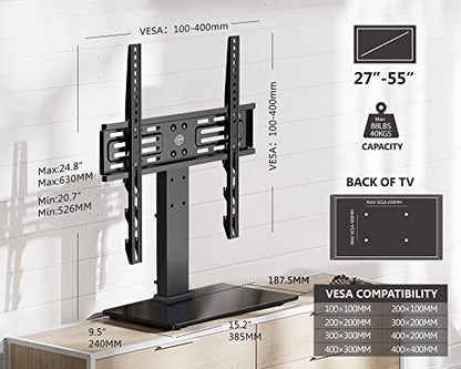 FITUEYES Universal TV Stand Table Top TV Stand for 27-55 inch TVS Height Adjustable TV Stand Mount, Glass Base, Black