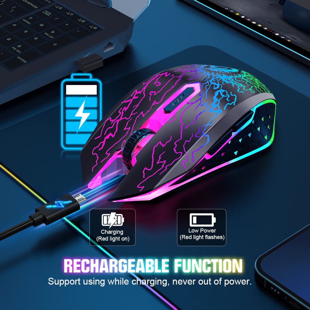 VersionTECH. Wireless Gaming Mouse, Rechargeable Computer Mouse Mice with Colorful LED Lights, Silent Click, 2.4G USB Nano Receiver, 3 Level DPI for PC Gamer Laptop Desktop Chromebook Mac-Black - amzGamess