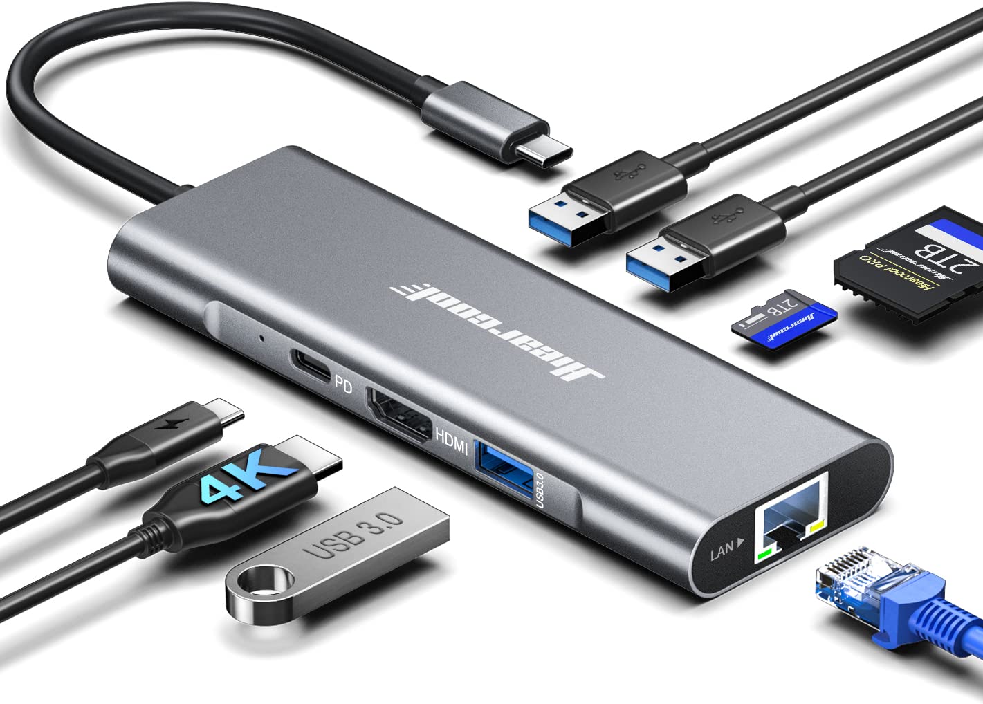 Hiearcool USB C Hub Ethernet,4K@60 USB C to HDMI Hub,8in1 Multi-Port USB C Adapter Type C Dock Dongle Compatible for MacBook Pro Air iPad Dell Lenovo