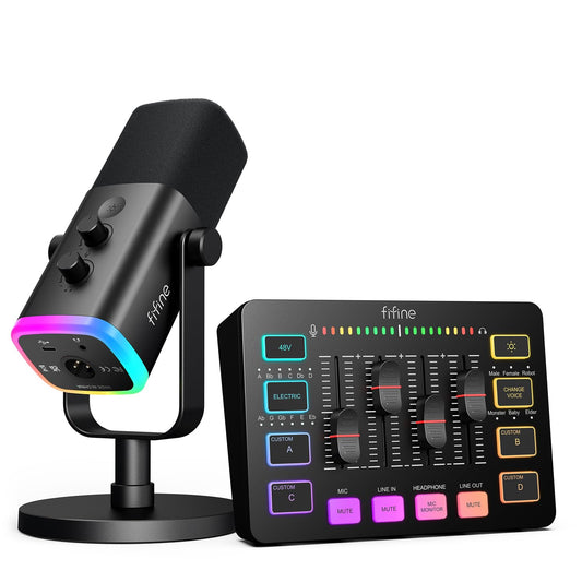 FIFINE Gaming Equipment Bundle, Dynamic XLR/USB Gaming Microphone Set with Streaming Audio Mixer for Podcast Recording Video Vocal, RGB Gamer Set with Volume Fader/XLR Interface for PC-AmpliGame KS5 - amzGamess