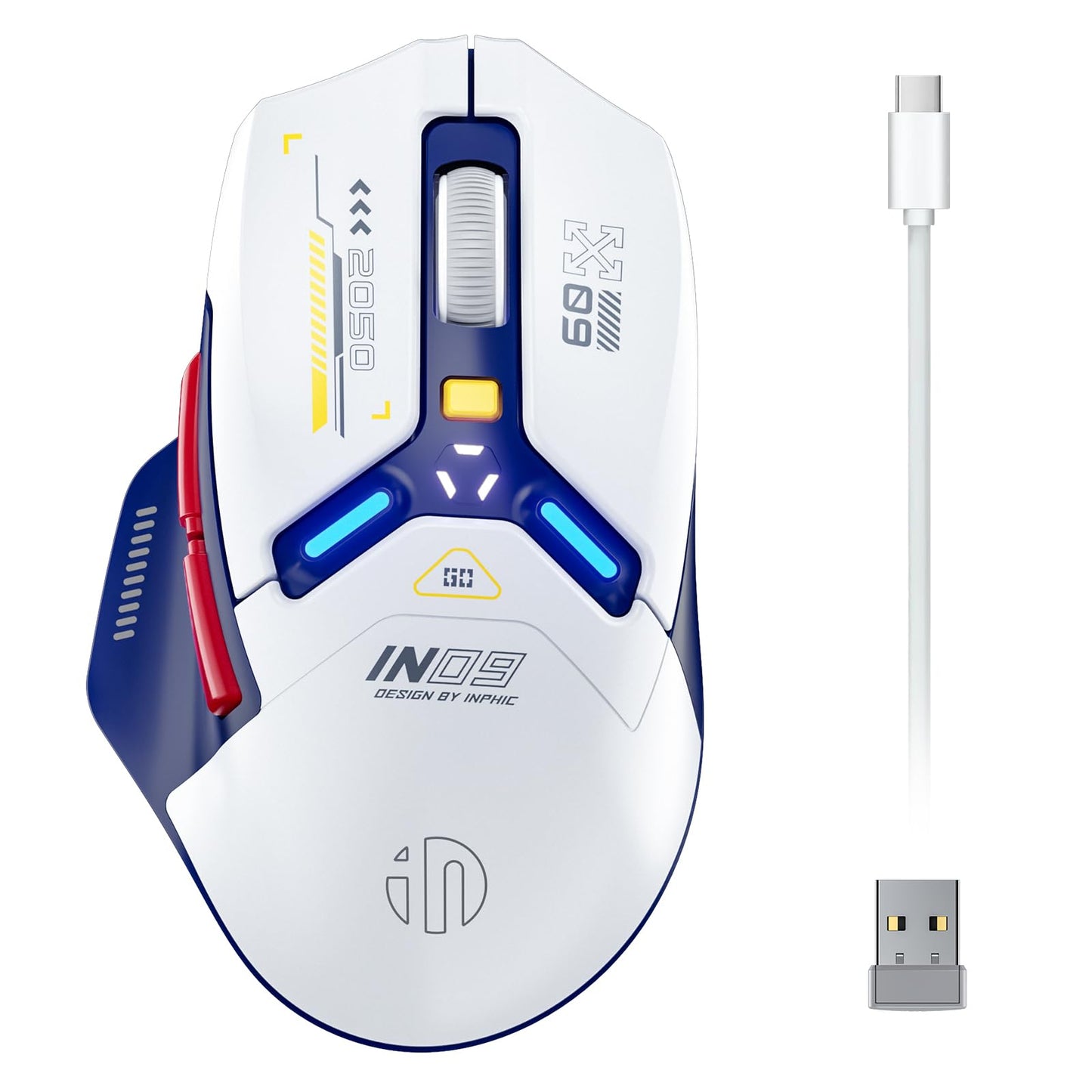 INPHIC IN9 Wireless Gaming Mouse, True Tri-Mode Bluetooth/Type-CWired/2.4G Wireless Mouse, 10000 DPl, Fully Programmable, RGB Backlit, Rechargeable Wireless Computer Mouse for Laptop PC Mac-White-Blue