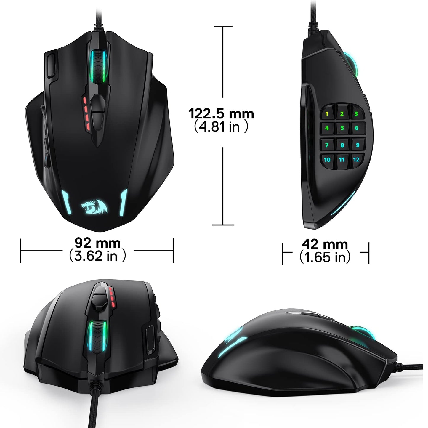 Redragon M908 Impact RGB LED MMO Gaming Mouse with 12 Side Buttons, Optical Wired Ergonomic Gamer Mouse with Max 12,400DPI, High Precision, 20 Programmable Macro Shortcuts, Comfort Grip - amzGamess