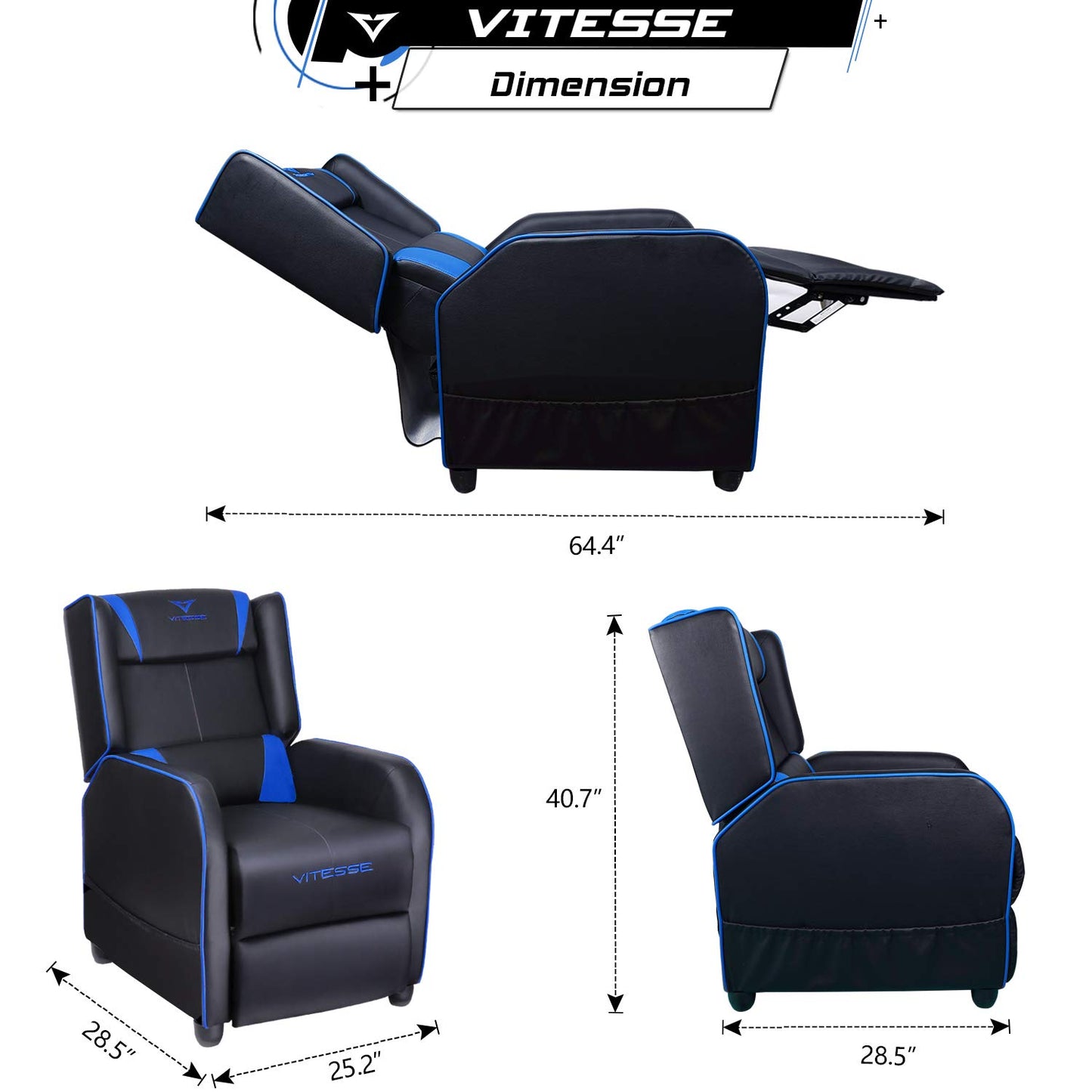 VITESSE VIT Gaming Recliner Chair Racing Style Single PU Leather Sofa Modern Living Room Recliners Ergonomic Comfortable Home Theater Seating, Blue.