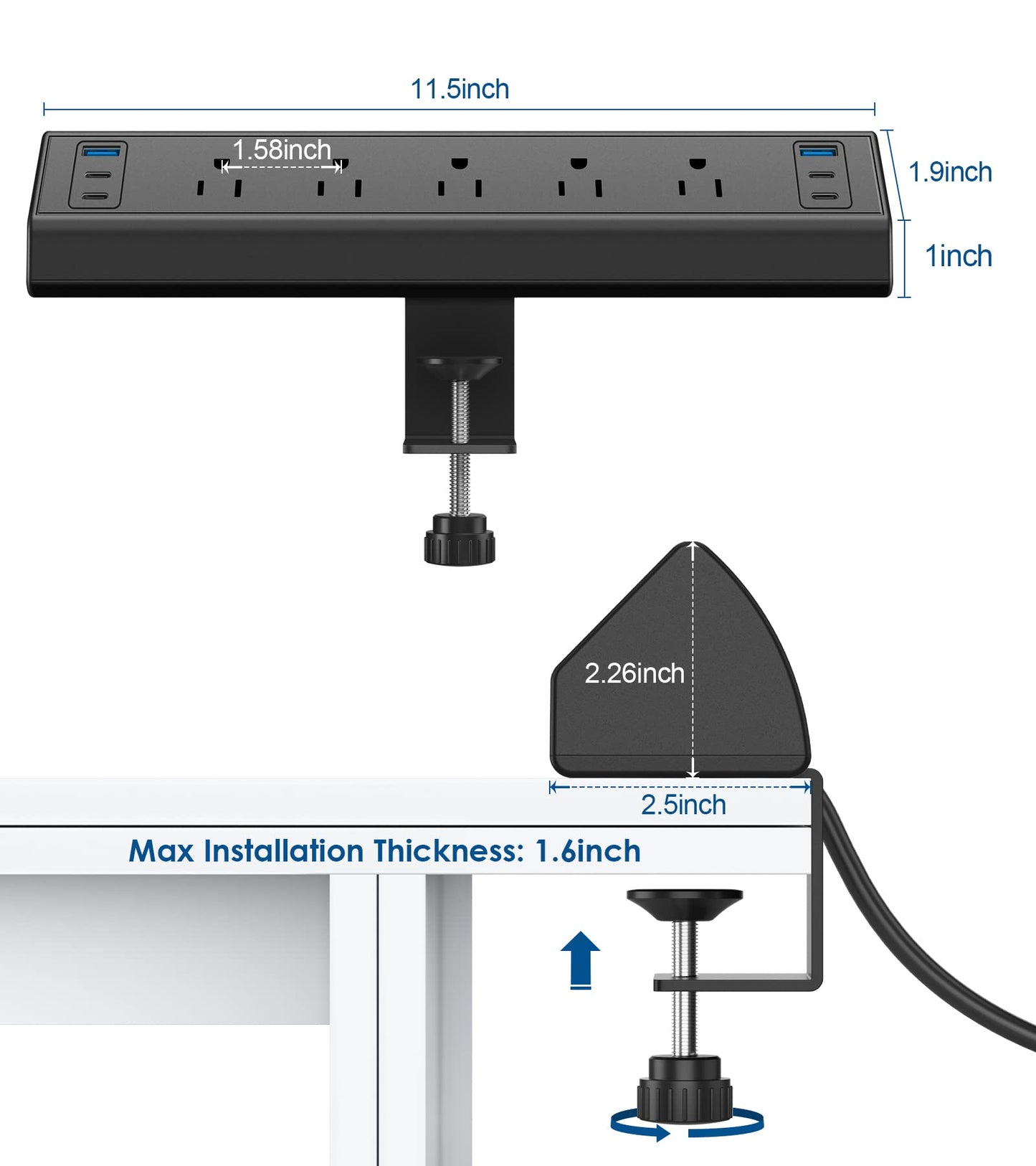 40W Fast Charging Station, Desk Clamp Power Strip with 4 PD USB-C Ports, 5 AC Outlets and 6ft Cord, Fits 1.6" Tabletop Edge