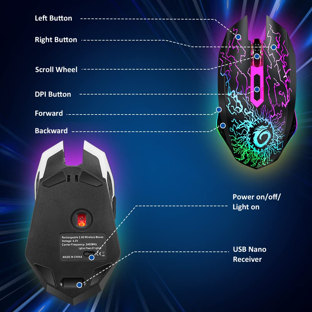 VersionTECH. Wireless Gaming Mouse, Rechargeable Computer Mouse Mice with Colorful LED Lights, Silent Click, 2.4G USB Nano Receiver, 3 Level DPI for PC Gamer Laptop Desktop Chromebook Mac-Black - amzGamess