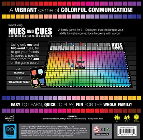 USAOPOLY HUES and CUES | Vibrant Color Guessing Game Perfect for Family Game Night | Connect Clues and Colors Together | 480 Color Squares to Guess