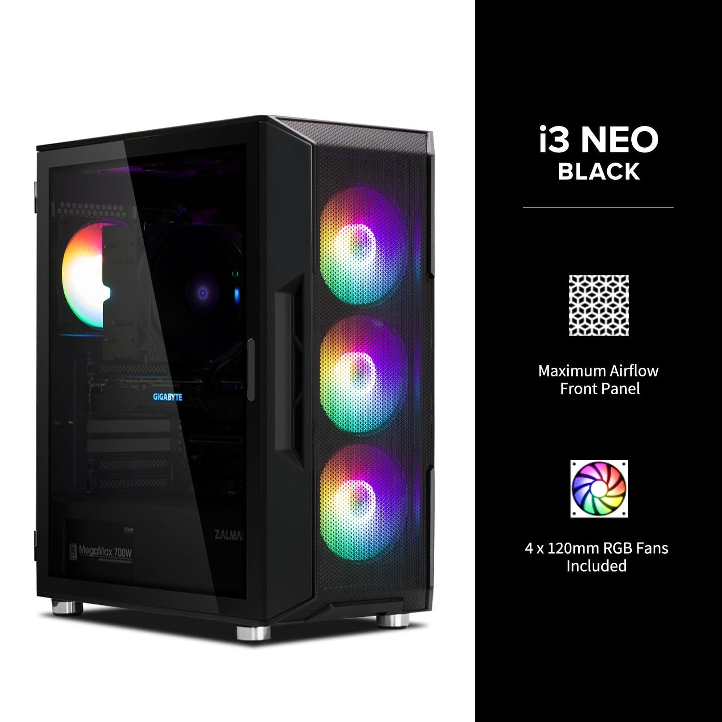 Zalman i3 NEO ATX Mid Tower Gaming PC Case - 4 x 120mm Fixed RGB Fans Preinstalled - Mesh Front Panel for High Airflow - Tempered Glass Side Panel, Black