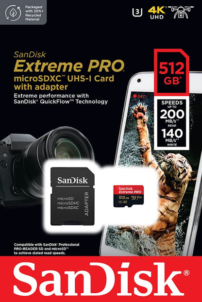 SanDisk Extreme PRO microSDXC UHS-I Memory Card 512 GB + Adapter & RescuePRO Deluxe (for Smartphones, Action Cameras or Drones, A2, Class 10, V30, U3, 200 MB/s Transfer)