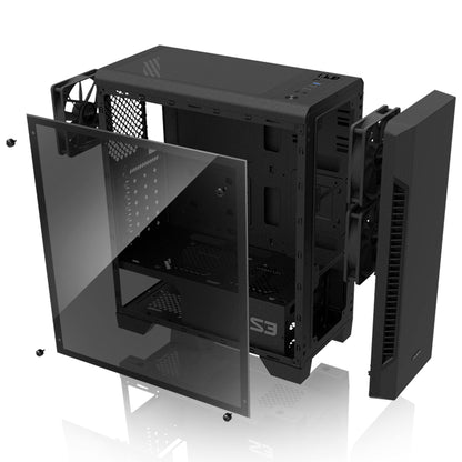 Zalman S3 TG - ATX Mid Tower Computer PC Case - Tempered Glass Side Panel - 3 x 120mm Case Fan Pre-Installed, Black