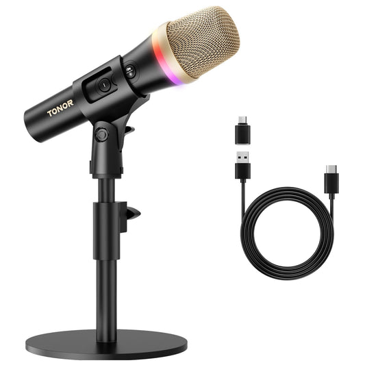TONOR USB Dynamic Microphone for Podcast Gaming Mic with RGB for Recording, Live Streaming, YouTube, Singing, Studio, Tiktok Microfono with Quick Mute& Stand Compatible with PC/Cellphone TypeC - amzGamess