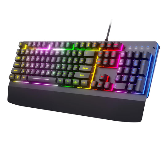 Gaming Keyboard, RGB Light Up Keyboard with Extended Wrist Rest Metal Panel, 104 Keys Rainbow Backlit Wired Keyboard for Gaming, Full Size Quiet Computer Keyboard, Multimedia Keys, Anti-ghosting Keys - amzGamess