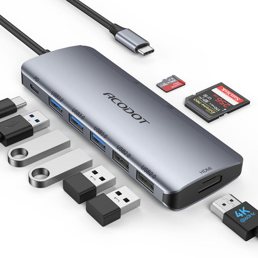 USB C Hub, Acodot 9 in 1 USB C to 4K@60HZ HDMI Multiport Adapter, 3 USB 3.0 Ports, SD/TF Card Reader, 100W PD, Desigend for MacBook Pro Air HP XPS and Other Type C Devices