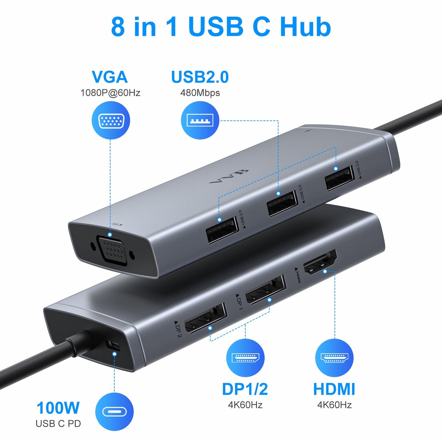 USB C Docking Station Dual Displayport Monitor Adapter for Dell/HP/Lenovo Laptop, Laptop Docking Station 3 Monitors with HDMI 4K+2 DP+VGA USB-C Hub Quadruple Display, USB C Dock to 100W PD+3USB