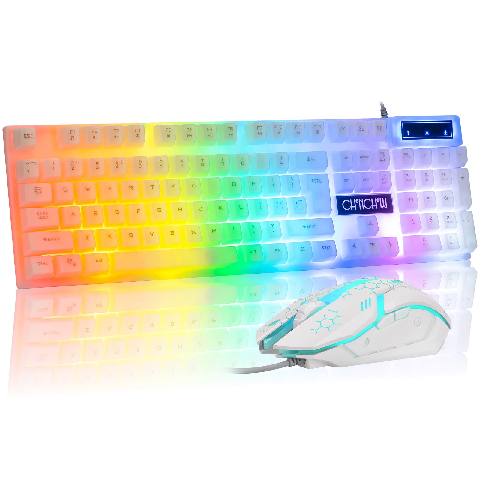 CHONCHOW LED Keyboard and Mouse, 104 Keys Rainbow Backlit Keyboard and 7 Color RGB Mouse, White Gaming Keyboard and Mouse Combo for PC Laptop Xbox PS4 Gamers and Work - amzGamess