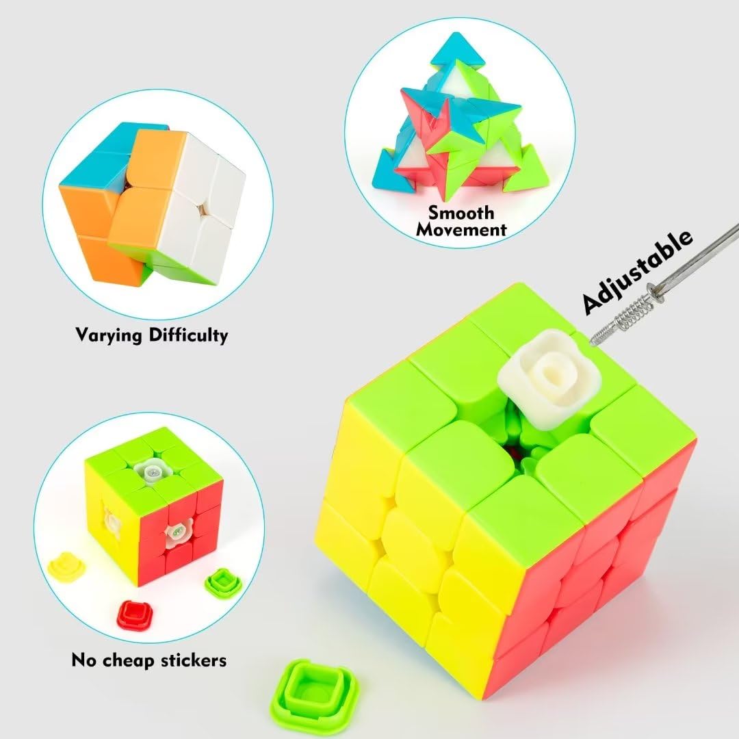 Speed Cube Set, Jurnwey Stickerless Magic Cube Set of 2x2x2 3x3x3 Pyramid Frosted Puzzle Cube - amzGamess