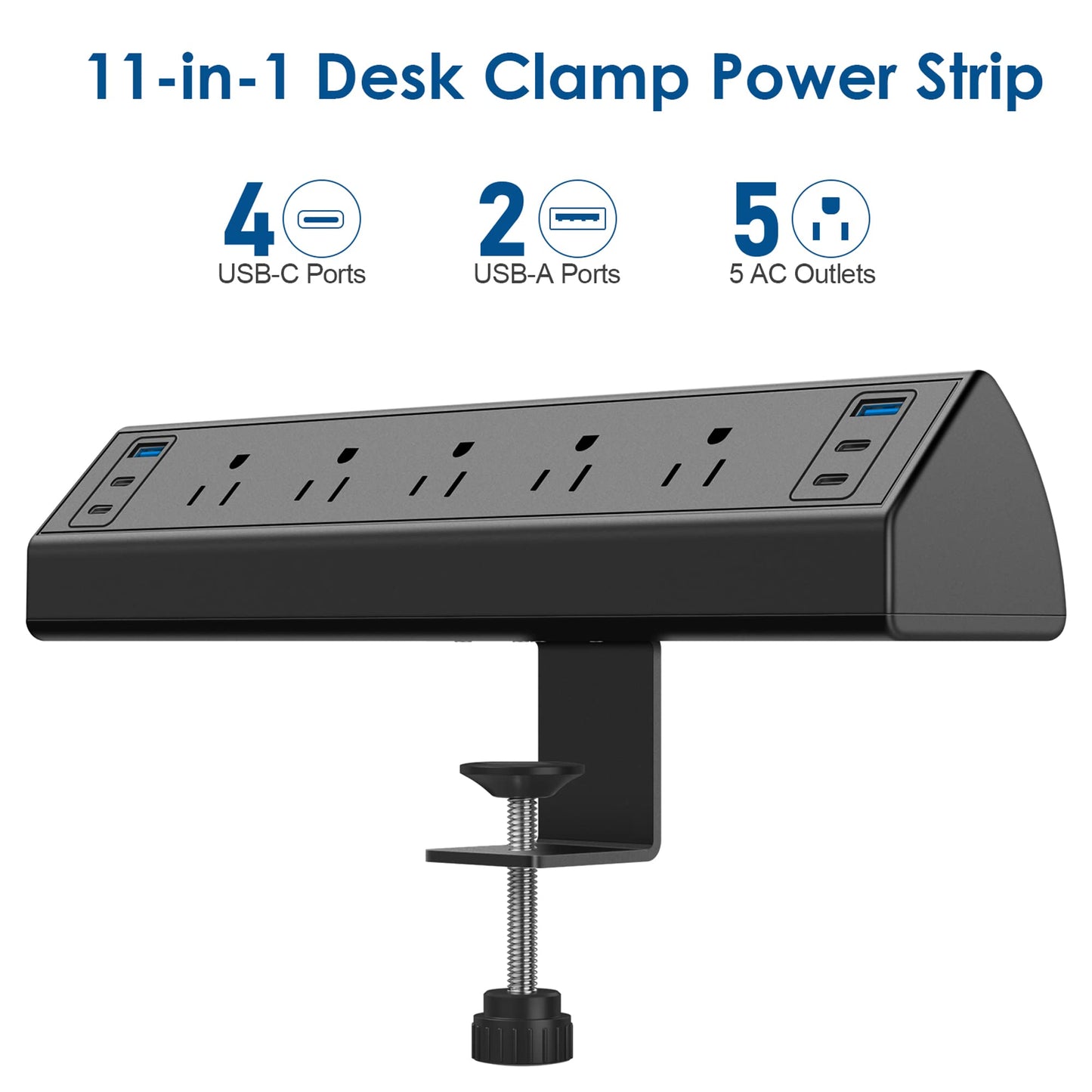 40W Fast Charging Station, Desk Clamp Power Strip with 4 PD USB-C Ports, 5 AC Outlets and 6ft Cord, Fits 1.6" Tabletop Edge