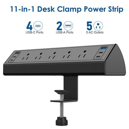 40W Fast Charging Station, Desk Clamp Power Strip with 4 PD USB-C Ports, 5 AC Outlets and 6ft Cord, Fits 1.6" Tabletop Edge