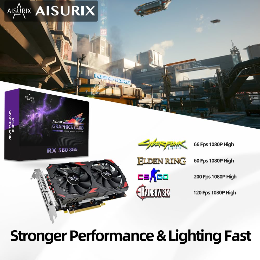 Kelinx AISURIX RX 580 Graphics Card, 2048SP, Real 8GB, GDDR5, 256 Bit, Pc Gaming Video Card, 2XDP, HDMI, PCI Express 3.0 with Freeze Fan Stop for Desktop Computer Gaming Gpu - amzGamess