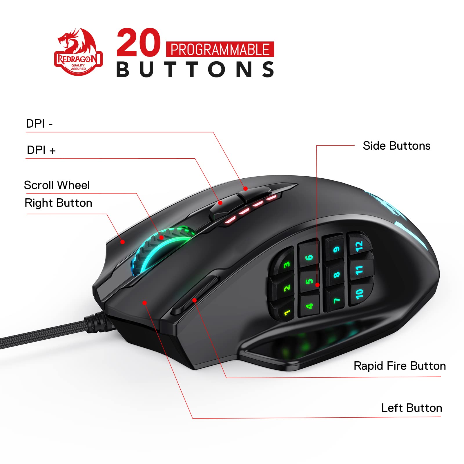 Redragon M908 Impact RGB LED MMO Gaming Mouse with 12 Side Buttons, Optical Wired Ergonomic Gamer Mouse with Max 12,400DPI, High Precision, 20 Programmable Macro Shortcuts, Comfort Grip - amzGamess