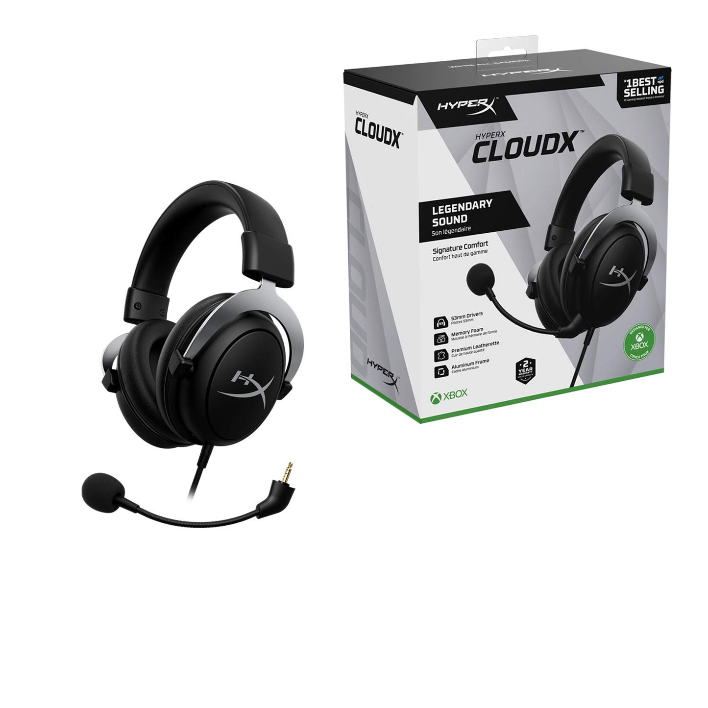 HyperX CloudX, Official Xbox Licensed Gaming Headset, Compatible with Xbox One and Series X|S, Memory Foam Ear Cushions, Detachable Noise-Cancelling Mic, in-line Audio Controls,Black/ Silver - amzGamess