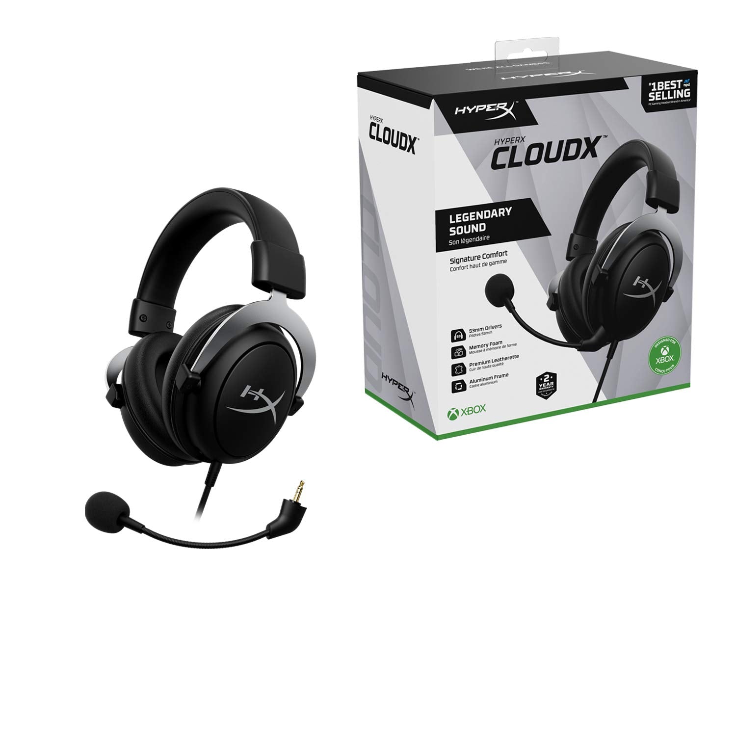 HyperX CloudX, Official Xbox Licensed Gaming Headset, Compatible with Xbox One and Series X|S, Memory Foam Ear Cushions, Detachable Noise-Cancelling Mic, in-line Audio Controls,Black/ Silver - amzGamess
