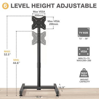 TVON TV Floor Stand for 13-50 inch LCD LED Flat/Curved Panel Screen TVs up to 44 lbs, Height Adjustable TV Stand Mount with VESA 200x200, Portable TV Stand for Bedroom, Dorm Room, Office