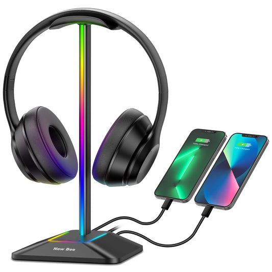 New bee RGB Headphone Stand with 1 USB-C Charging Port and 1 USB Charging Port, Desk Gaming Headset Holder with 7 Light Modes and Non-Slip Rubber Base Suitable for All Earphone Accessories (Black) - amzGamess