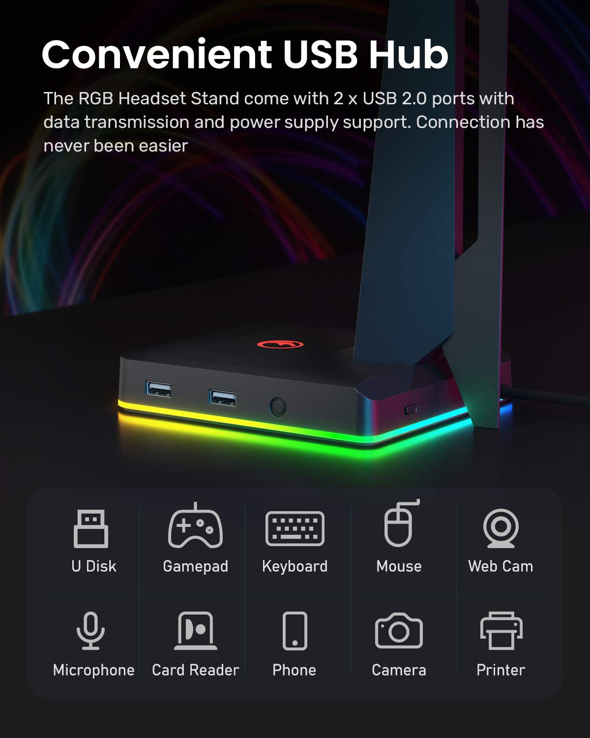 IFYOO RGB Gaming Headset Stand with 2 USB Ports, Game Headphone Mount for PC, Xbox One, PS4, Switch, Earphone Holder Hanger, Great for Gaming Stations, Fancy Desk Gamer Accessories, Black - amzGamess