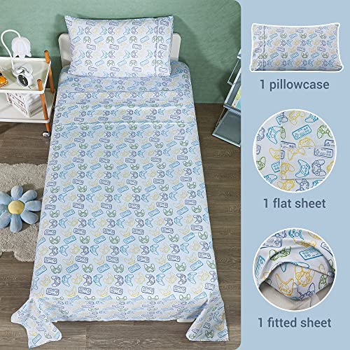 Viviland Kids Twin Sheet Set - Boys Game Twin Sheet Set - Kids Boys Twin Microfiber Fitted Sheet (15" deep Pocket) Flat Sheet - Light Grey Game Paddle Controller Printed - amzGamess