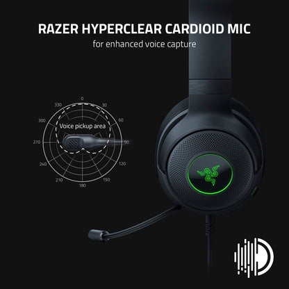 Razer Kraken V3 X Wired USB Gaming Headset: Lightweight Build - Triforce 40mm Drivers - HyperClear Cardioid Mic - 7.1 Surround Sound - Chroma RGB Lighting - Black - amzGamess