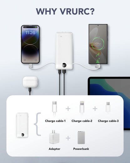 VRURC Portable Charger Built-in Cables and AC Wall Plug, USB C Power Bank 10000mAh, [2023 Upgraded Version] Phone Charger Compact Lightweight External Battery Pack for Smart Phones, Tablets etc-White