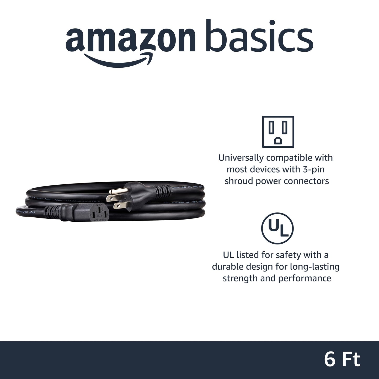 Amazon Basics Computer Monitor TV Replacement Power Cord, 6', Black