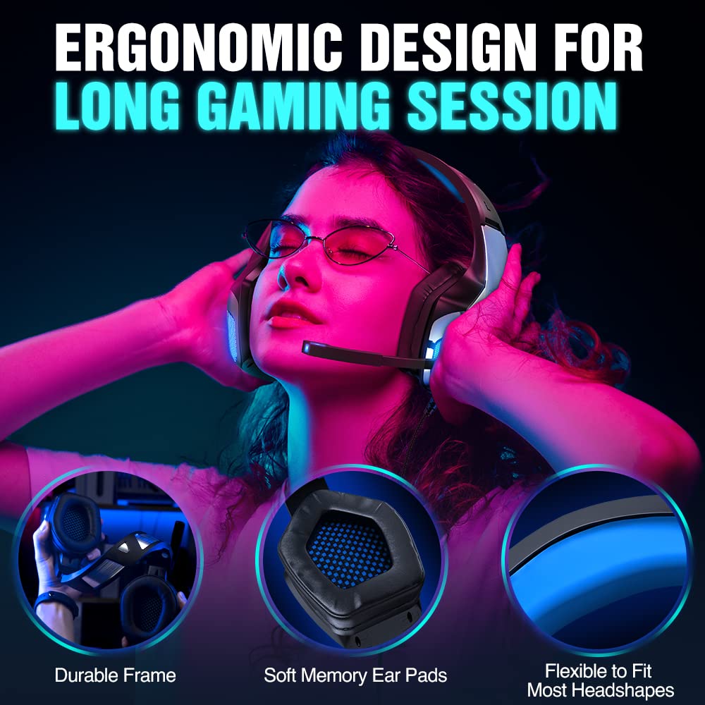 BENGOO V-4 Gaming Headset for Xbox One, PS4, PC, Controller, Noise Cancelling Over Ear Headphones with Mic, LED Light Bass Surround Soft Memory Earmuffs for PS2 Mac Sega Dreamcast PS5 Games - amzGamess