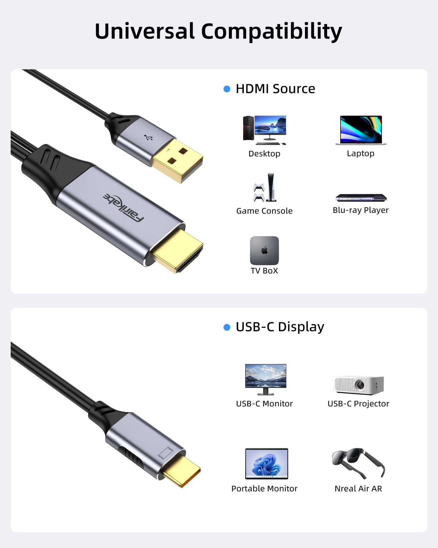 HDMI to USB C Adapter Cable 3.3ft 4K60Hz, HDMI System to USB Type C Monitor, for HDMI Source (Laptop, PC, Steam Deck Dock, PS4, PS5, Xbox) to Display on USBC Xreal Air, Nreal, Portable Monitor